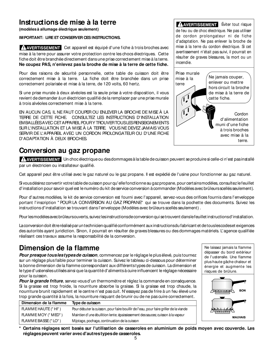 Frigidaire 318200650 manual Instructions de mise à la terre, Conversion au gaz propane, Dimension de la flamme 