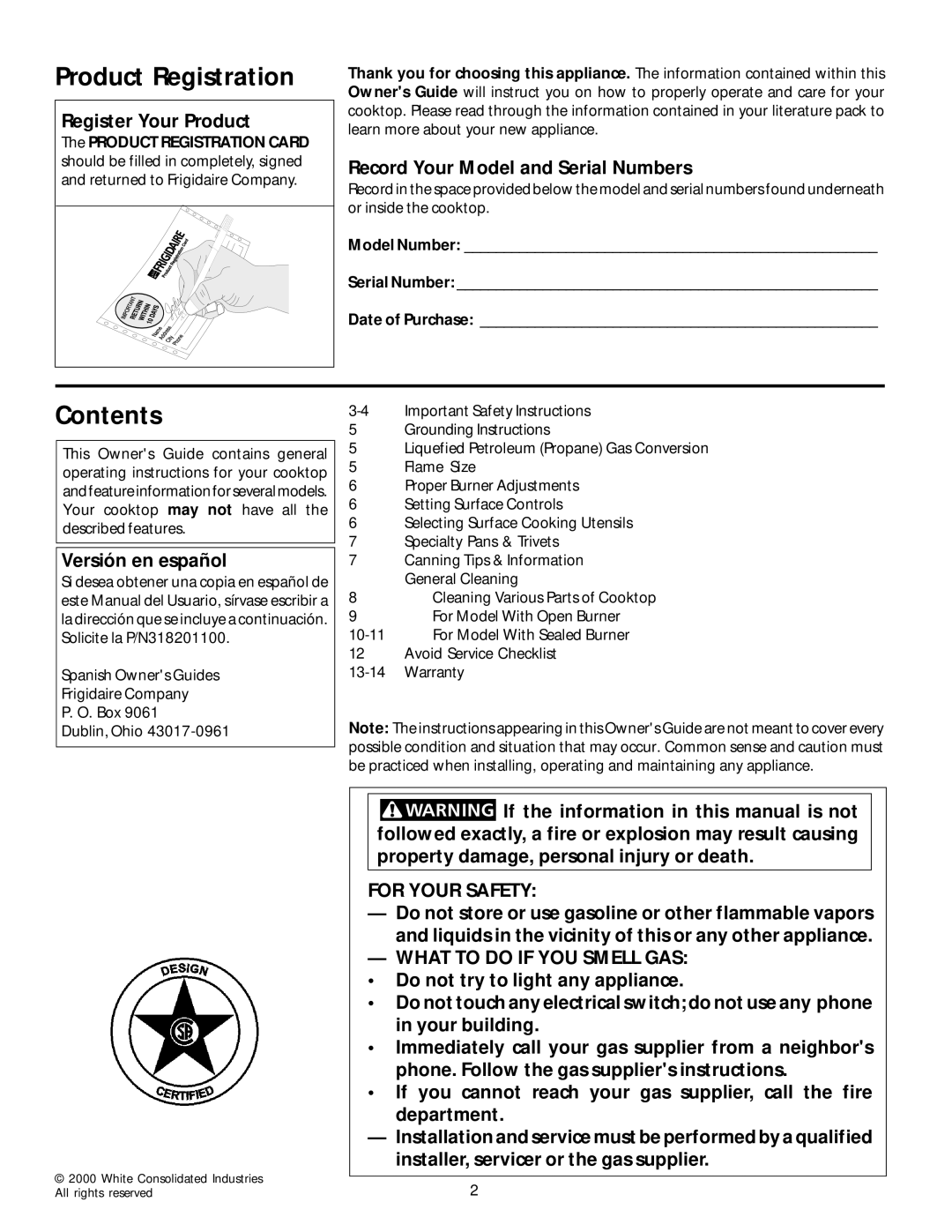 Frigidaire 318200650 manual Product Registration, Contents 