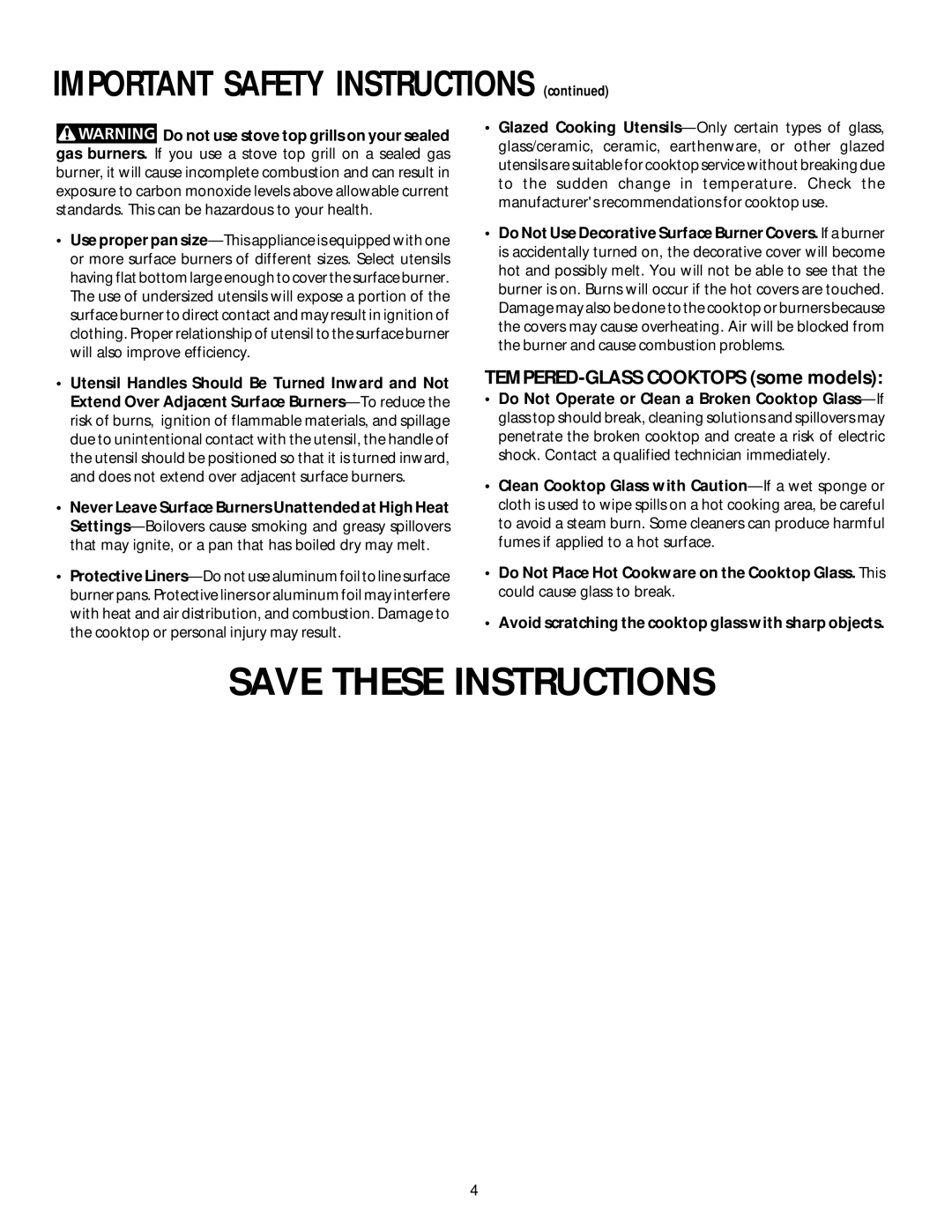 Frigidaire 318200650 manual Important Safety Instructions, TEMPERED-GLASS Cooktops some models 