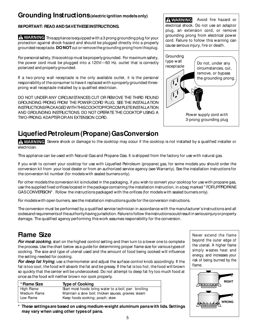 Frigidaire 318200650 manual Liquefied Petroleum Propane Gas Conversion, Flame Size Type of Cooking 