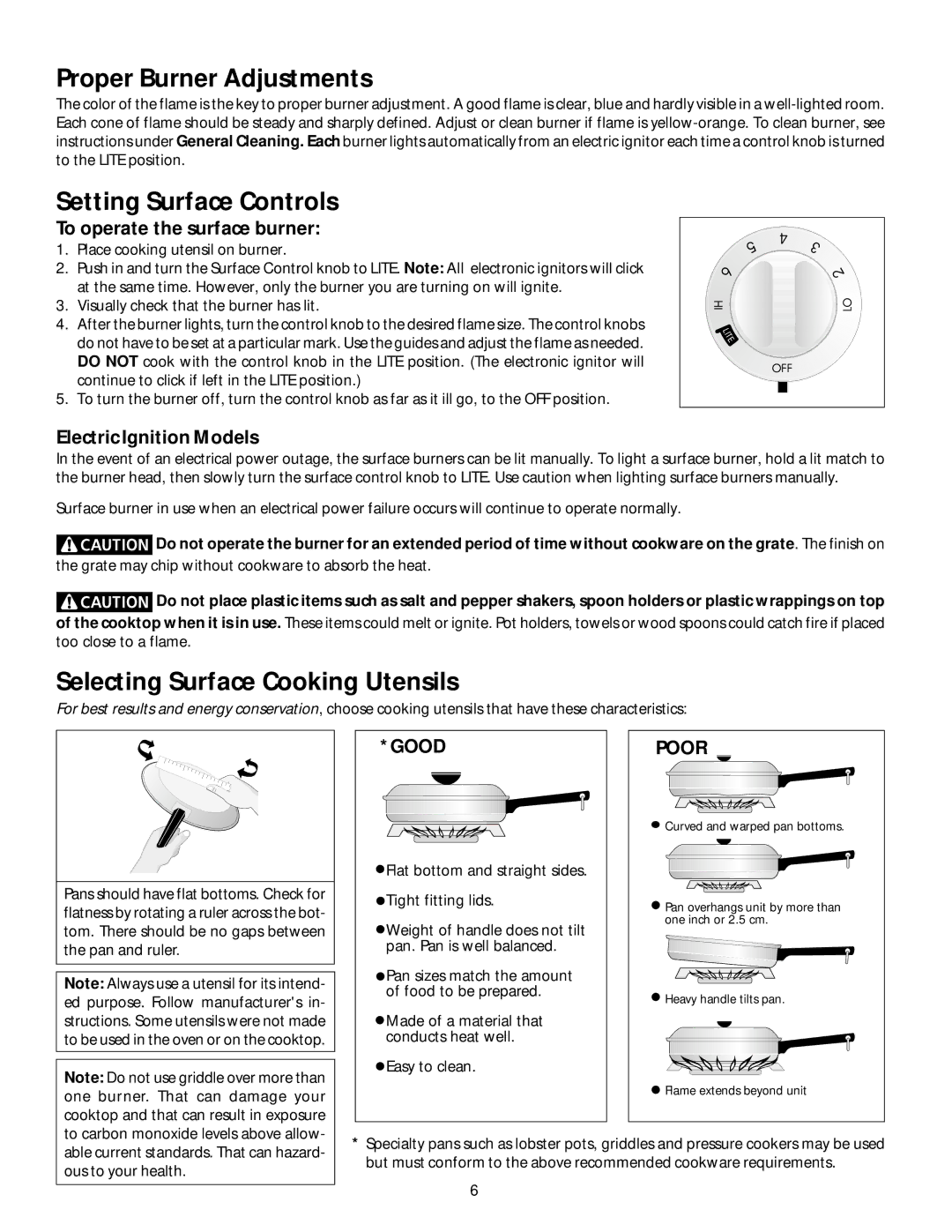 Frigidaire 318200650 Proper Burner Adjustments, Setting Surface Controls, Selecting Surface Cooking Utensils, Good, Poor 