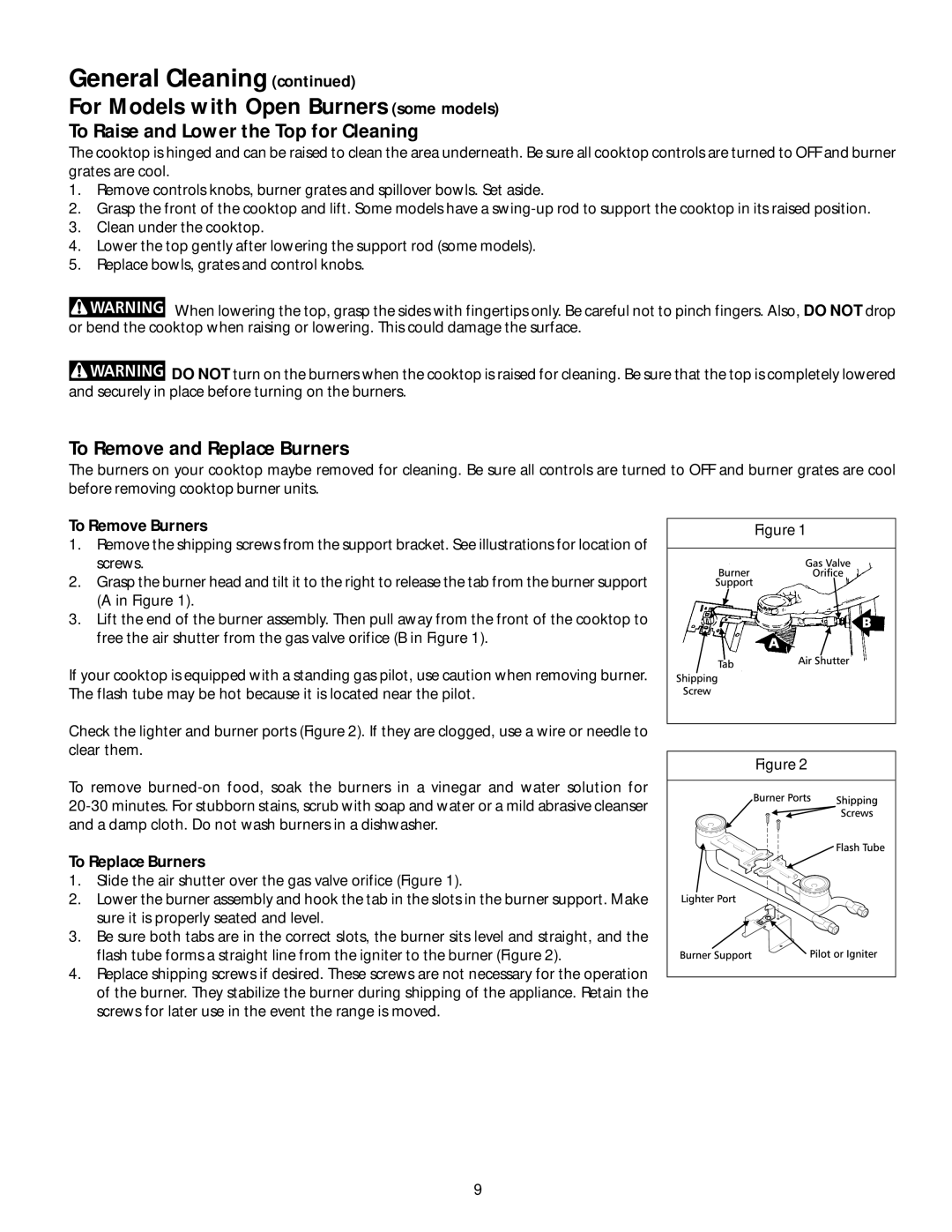 Frigidaire 318200650 manual To Raise and Lower the Top for Cleaning, To Remove and Replace Burners, To Remove Burners 