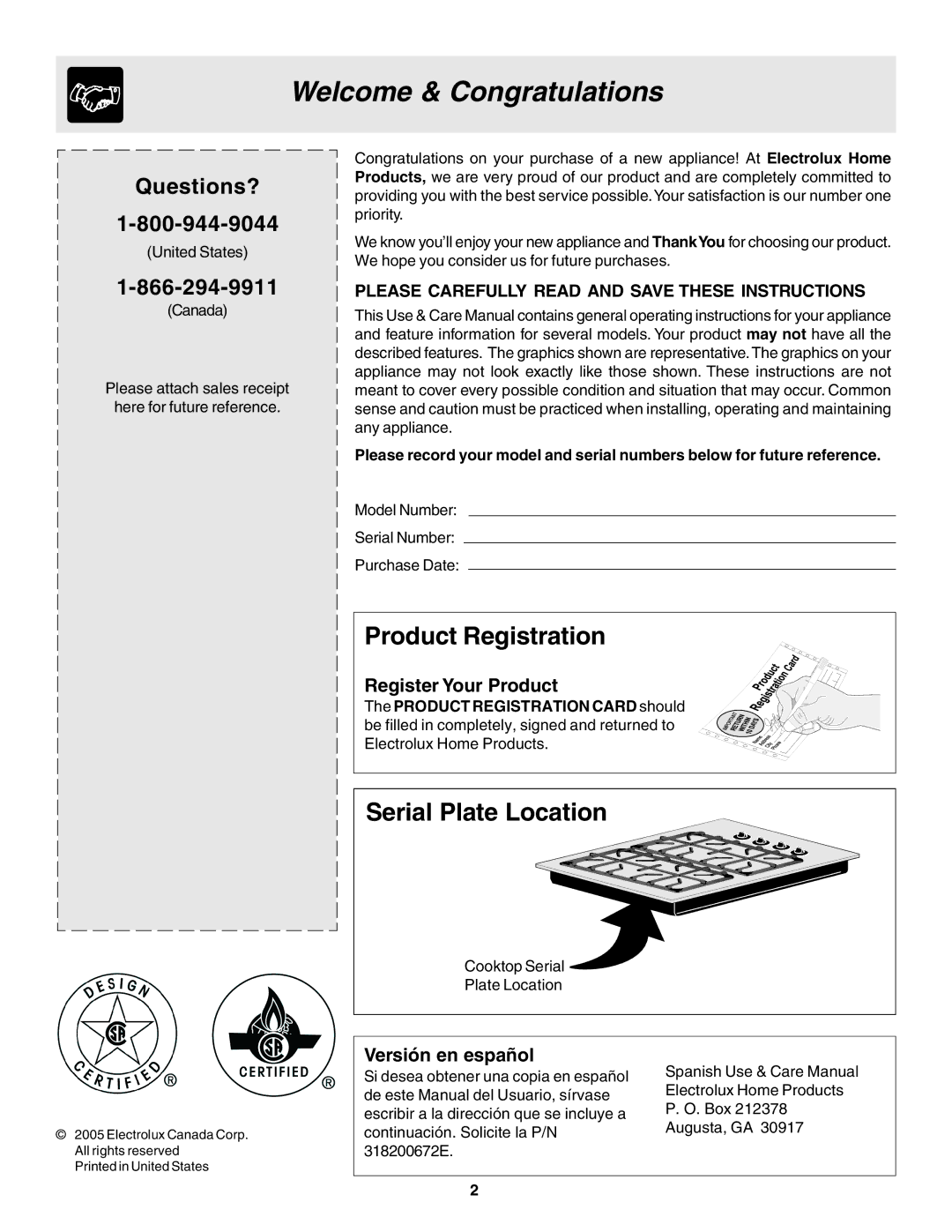 Frigidaire 318200672 warranty Welcome & Congratulations, Product Registration, Serial Plate Location, Questions? 