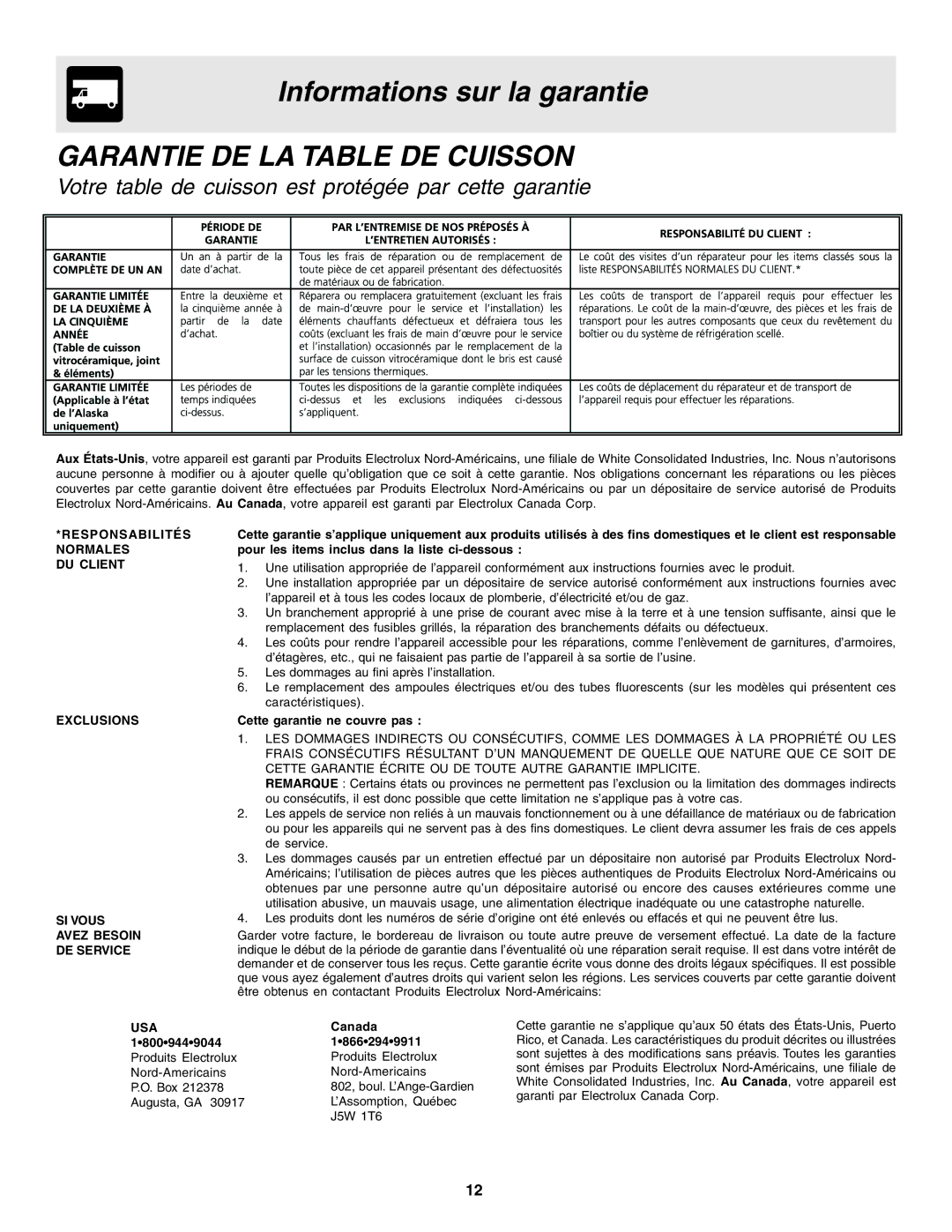 Frigidaire 318200672 warranty Informations sur la garantie, Garantie DE LA Table DE Cuisson 