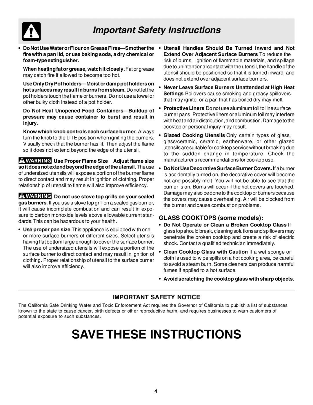 Frigidaire 318200672 warranty Glass Cooktops some models, Important Safety Notice 