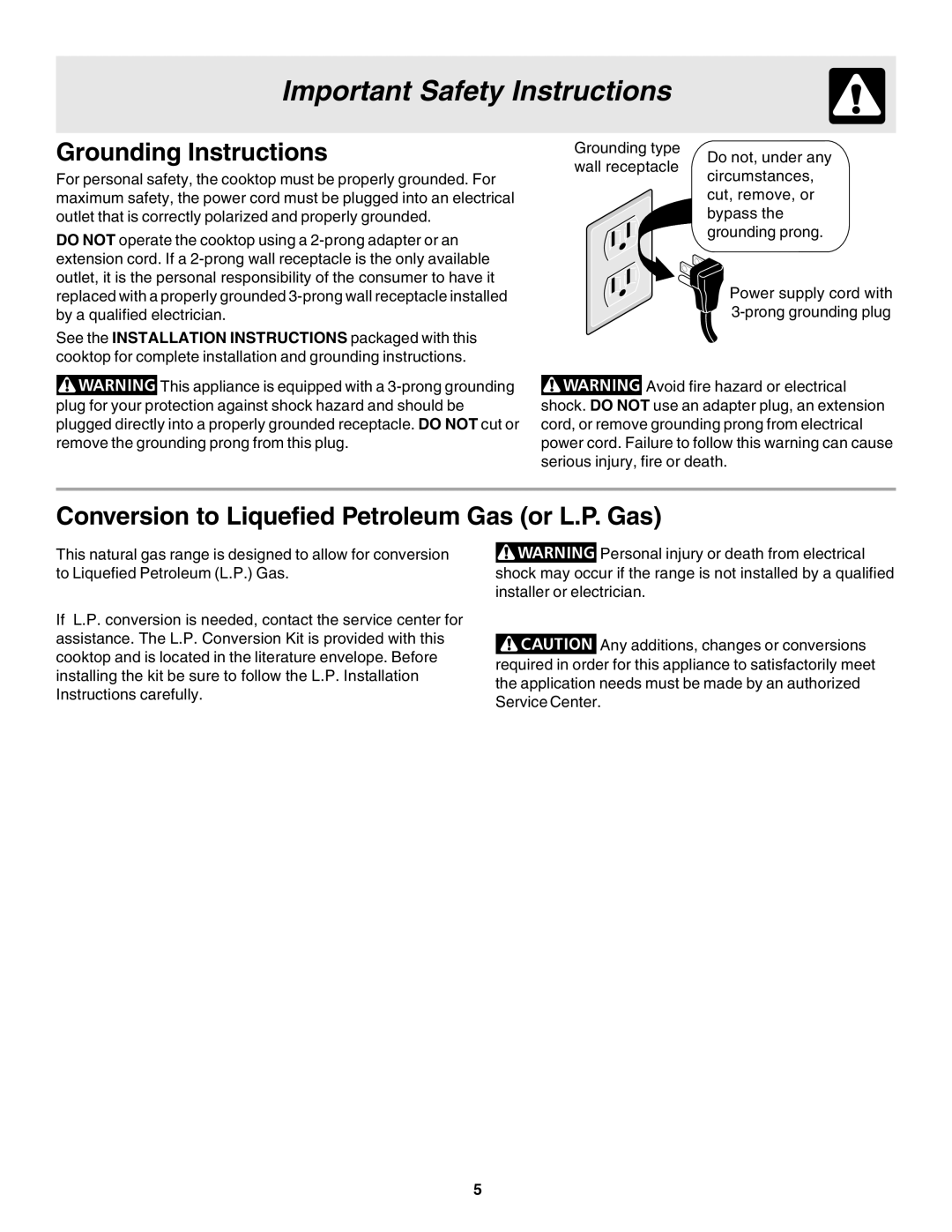 Frigidaire 318200672 warranty Grounding Instructions, Conversion to Liquefied Petroleum Gas or L.P. Gas 