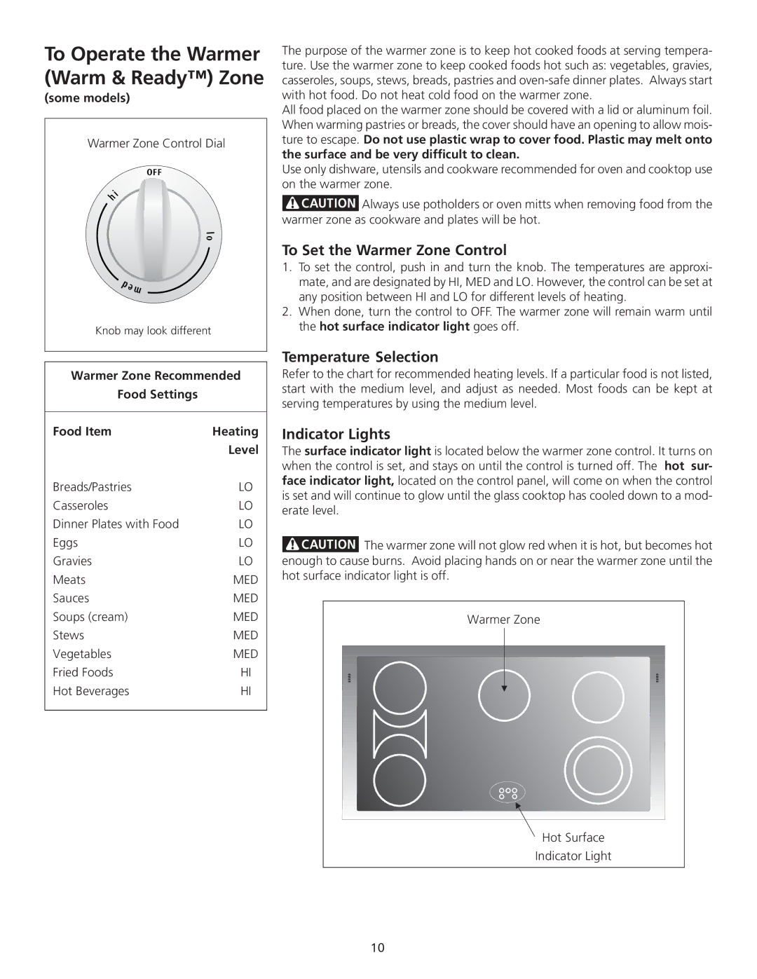 Frigidaire 318200710 To Set the Warmer Zone Control, Temperature Selection, Indicator Lights, Some models 