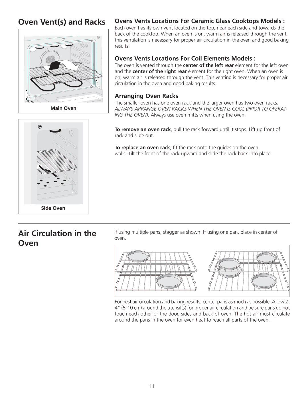 Frigidaire 318200710 Oven Vents and Racks, Air Circulation in the Oven, Ovens Vents Locations For Coil Elements Models 