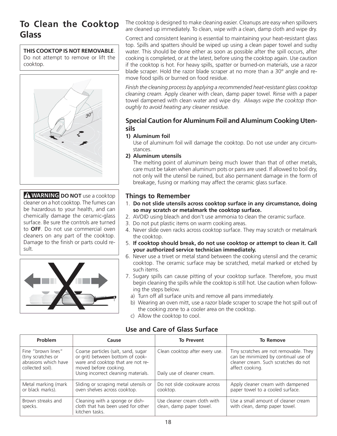 Frigidaire 318200710 To Clean the Cooktop Glass, Things to Remember, Use and Care of Glass Surface, Aluminum foil 