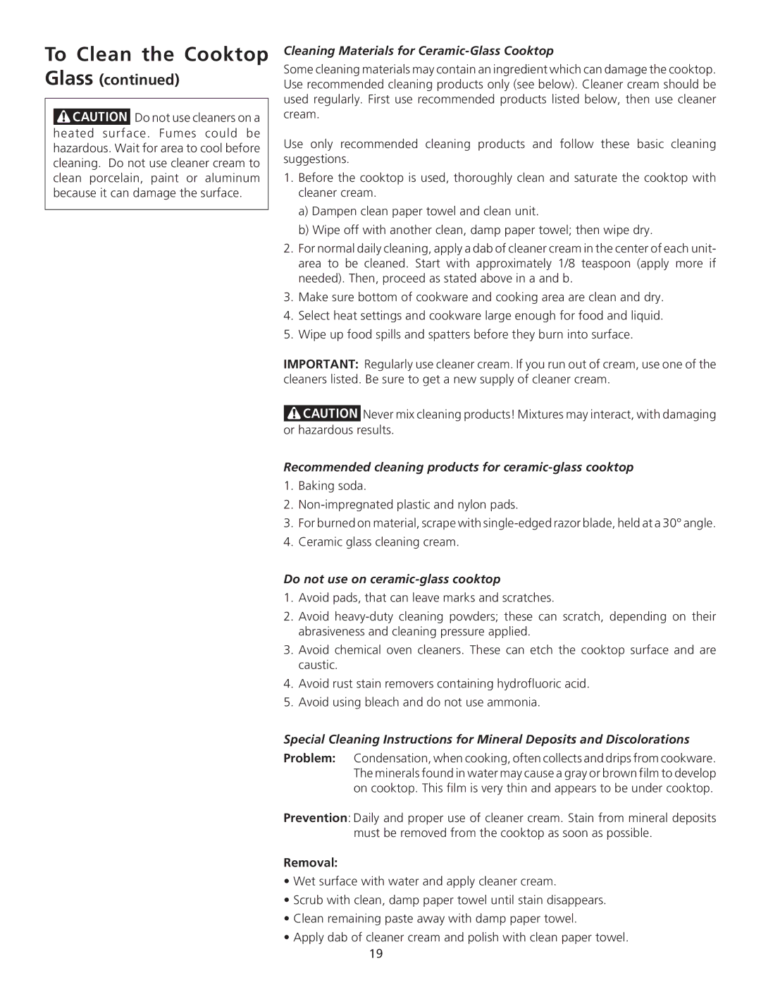 Frigidaire 318200710 important safety instructions To Clean the Cooktop, Glass, Removal 