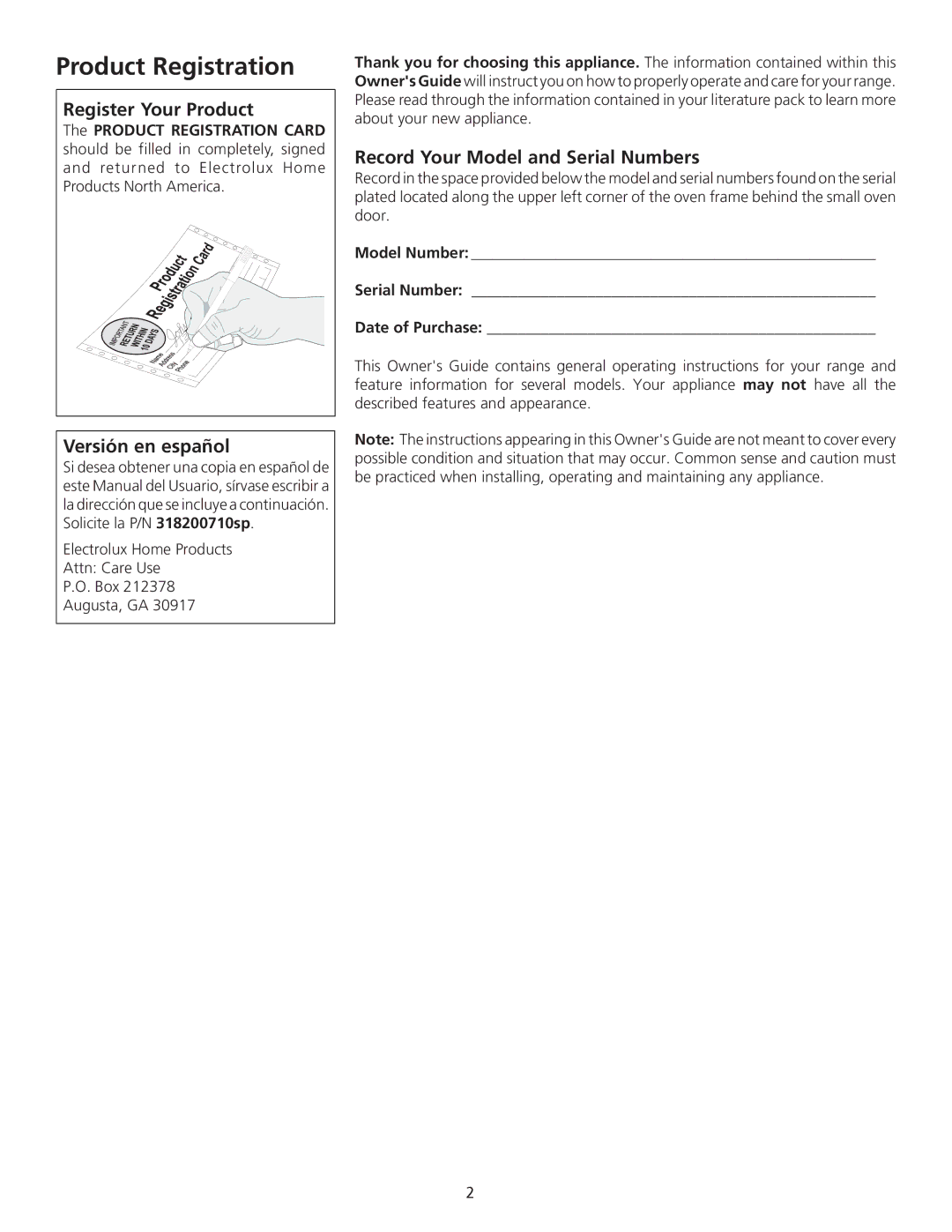 Frigidaire 318200710 Product Registration, Register Your Product, Versión en español, Record Your Model and Serial Numbers 