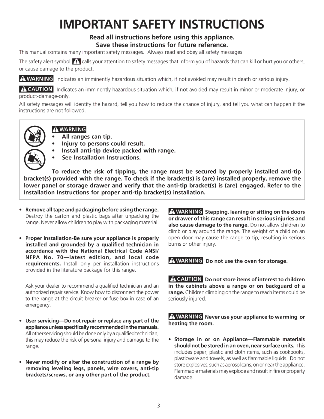 Frigidaire 318200710 important safety instructions Important Safety Instructions 