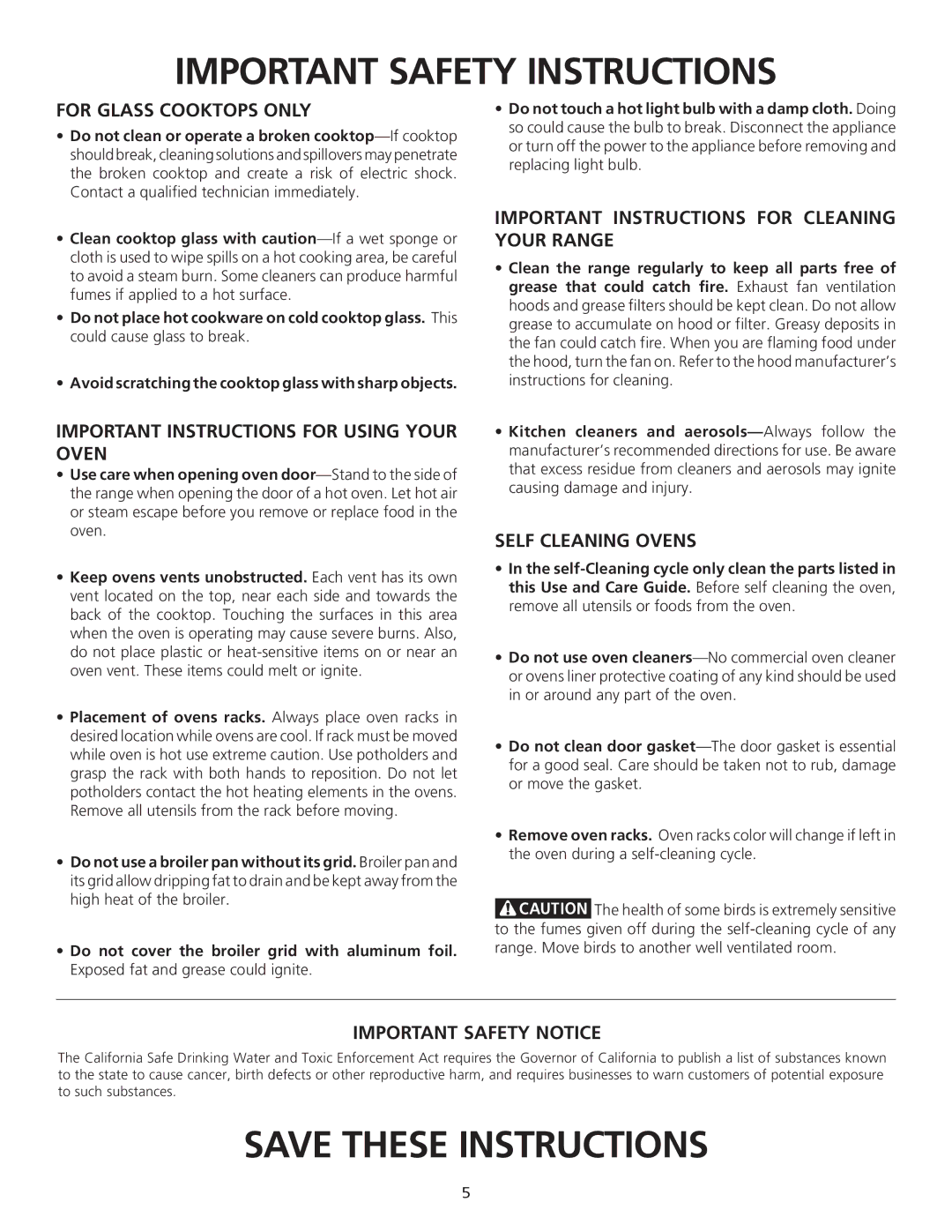 Frigidaire 318200710 important safety instructions For Glass Cooktops only 