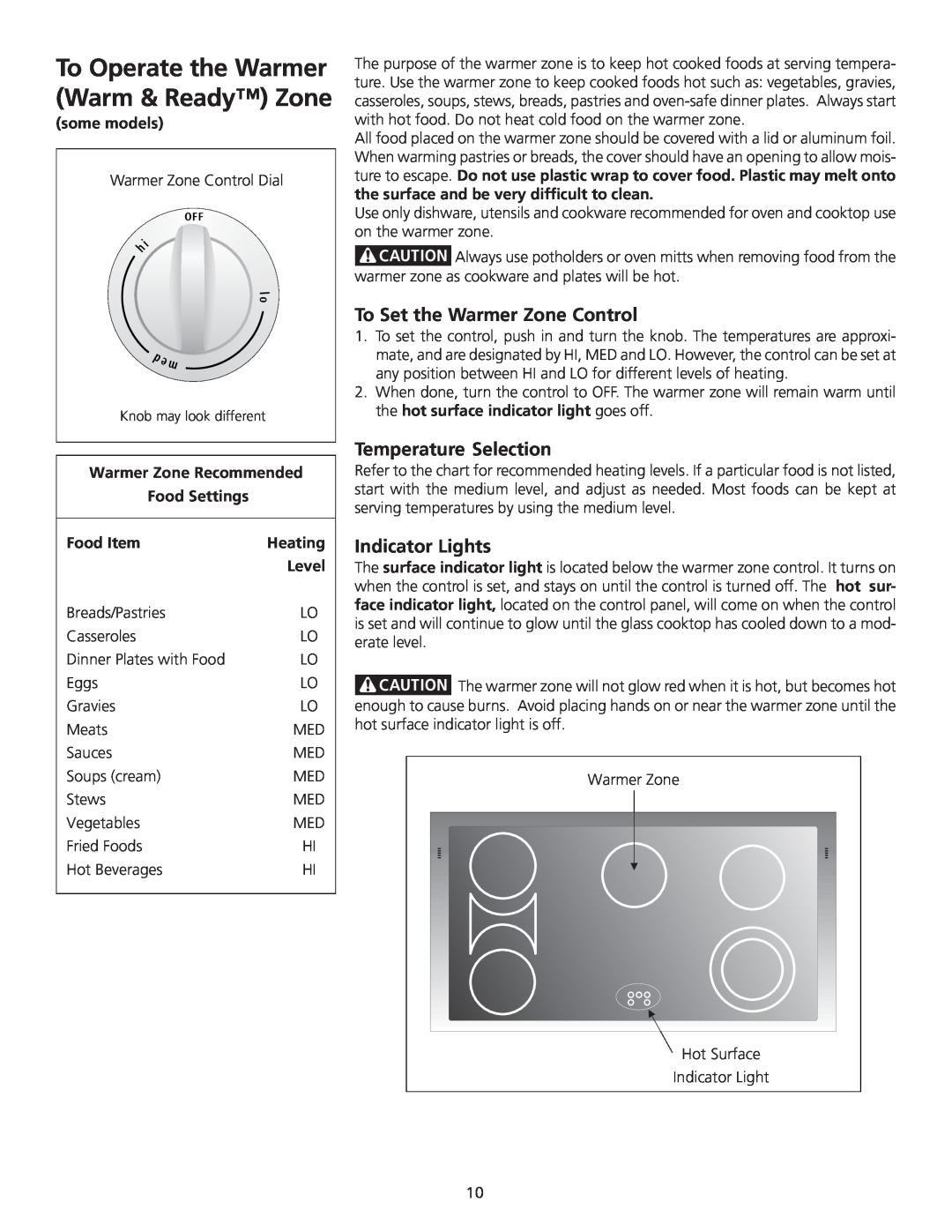 Frigidaire 318200710 To Operate the Warmer Warm & Ready Zone, To Set the Warmer Zone Control, Temperature Selection 