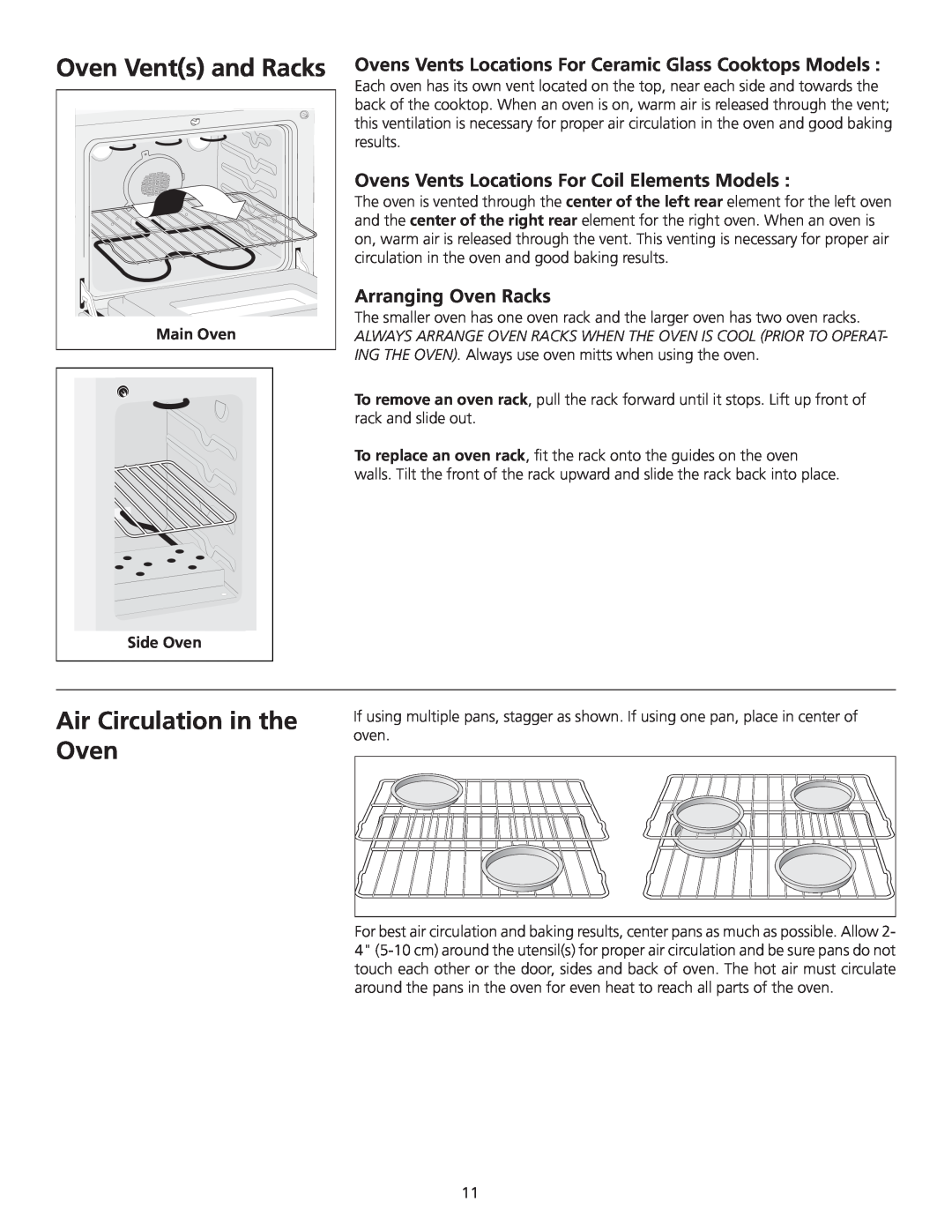Frigidaire 318200710 Oven Vents and Racks, Air Circulation in the Oven, Ovens Vents Locations For Coil Elements Models 