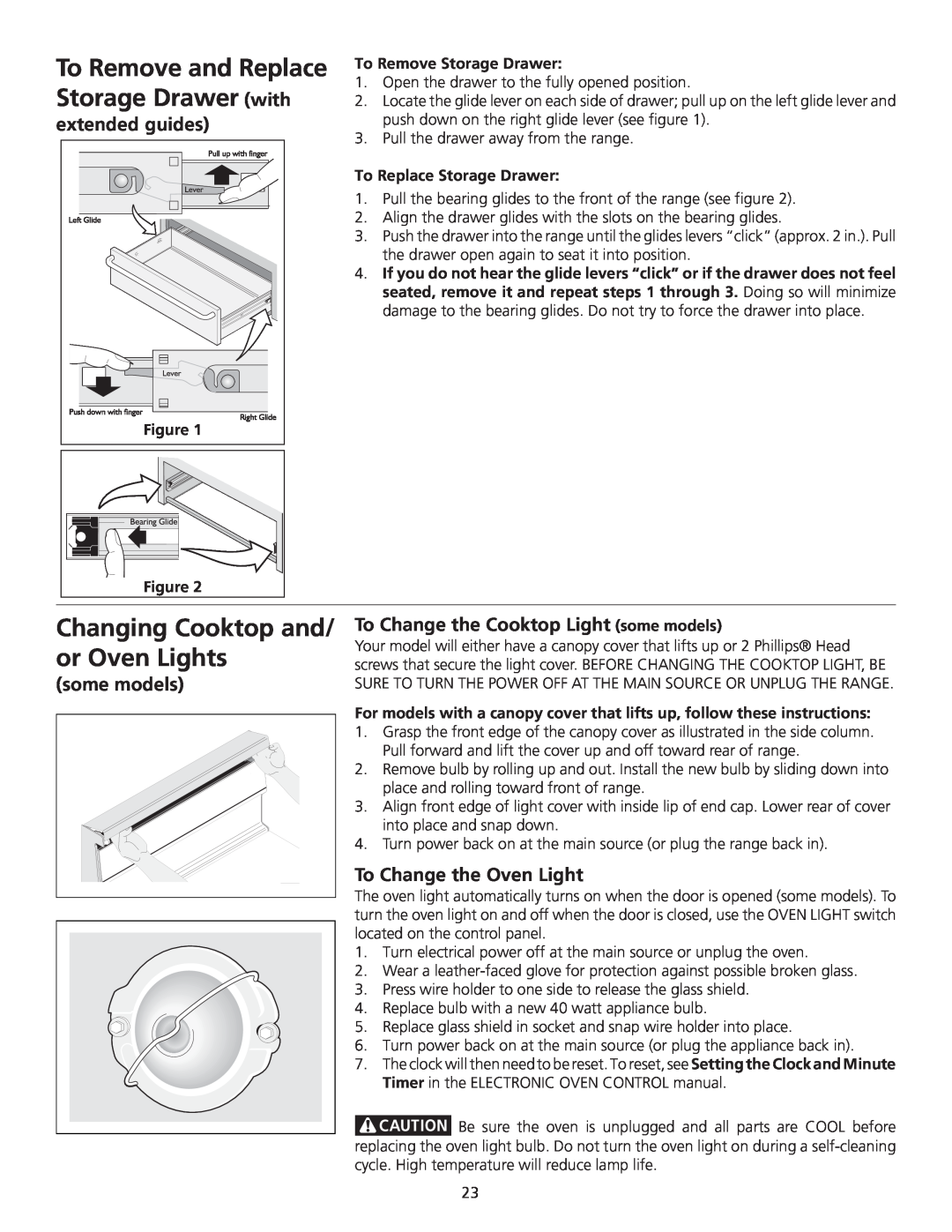 Frigidaire 318200710 Changing Cooktop and/ or Oven Lights, To Remove and Replace Storage Drawer with, extended guides 