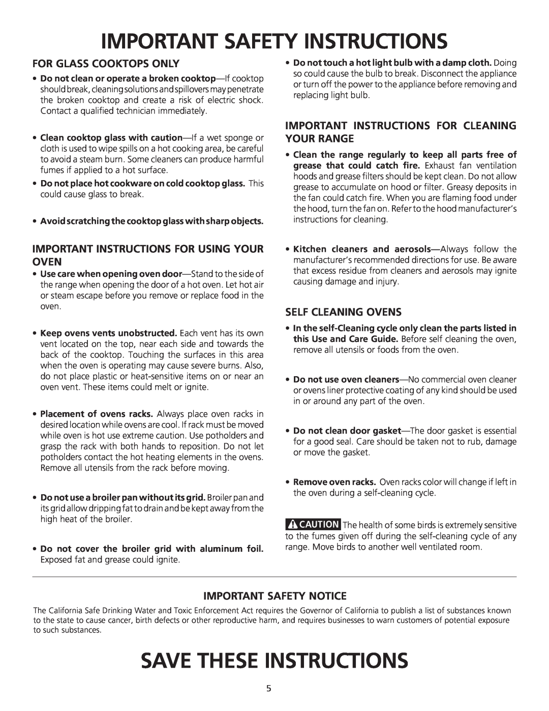Frigidaire 318200710 Save These Instructions, For Glass Cooktops Only, Important Instructions For Using Your Oven 