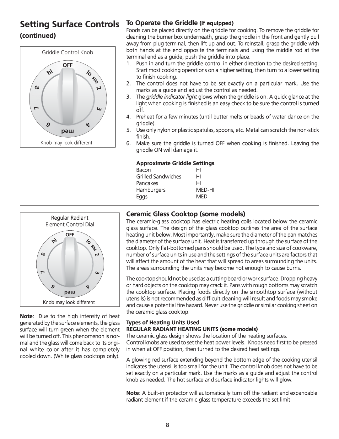 Frigidaire 318200710 important safety instructions Setting Surface Controls, continued, To Operate the Griddle If equipped 