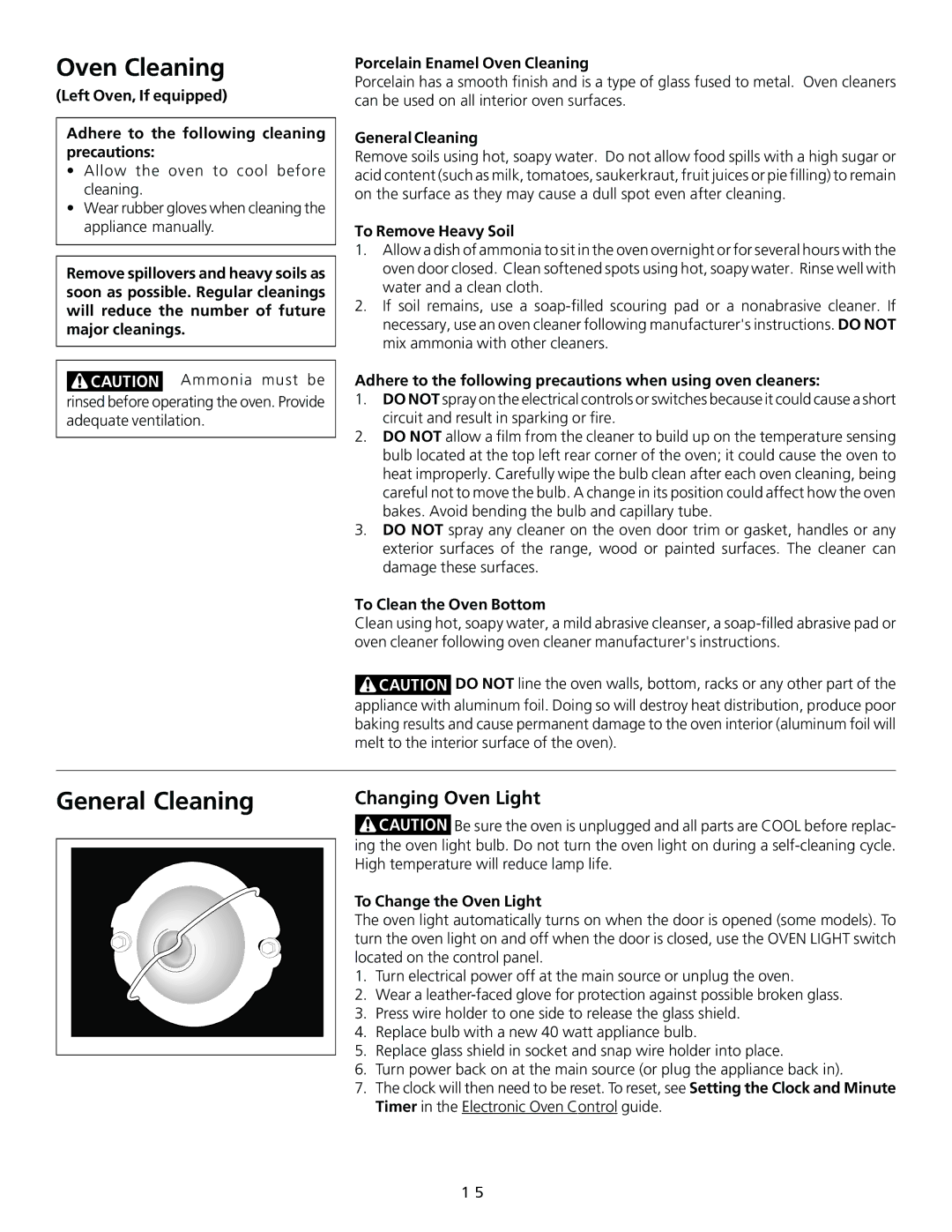 Frigidaire 318200754 important safety instructions General Cleaning, Changing Oven Light 