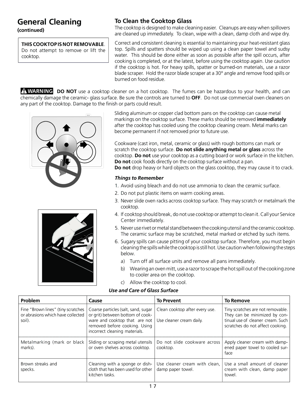 Frigidaire 318200754 important safety instructions To Clean the Cooktop Glass, Problem Cause To Prevent To Remove 