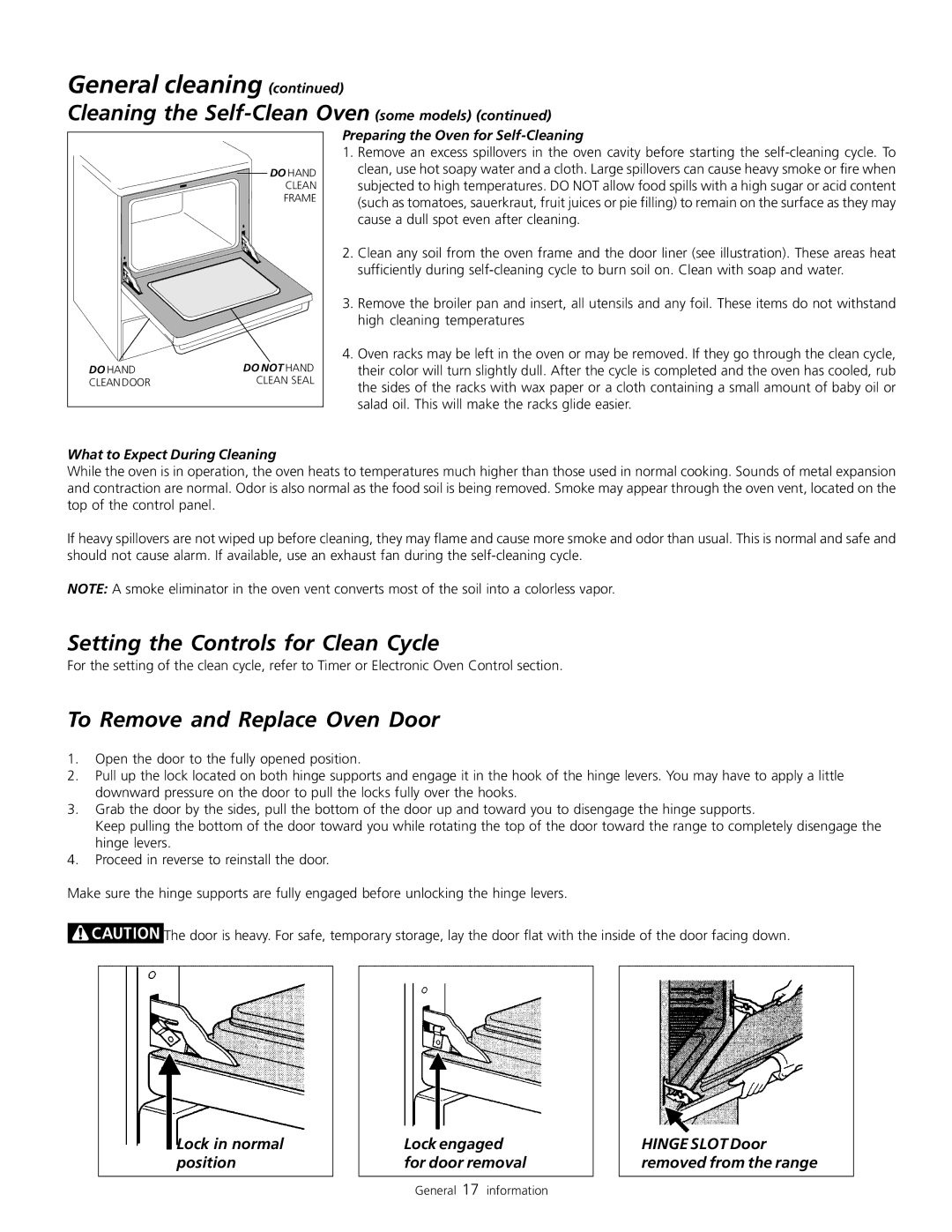 Frigidaire 318200805 Setting the Controls for Clean Cycle, To Remove and Replace Oven Door, What to Expect During Cleaning 