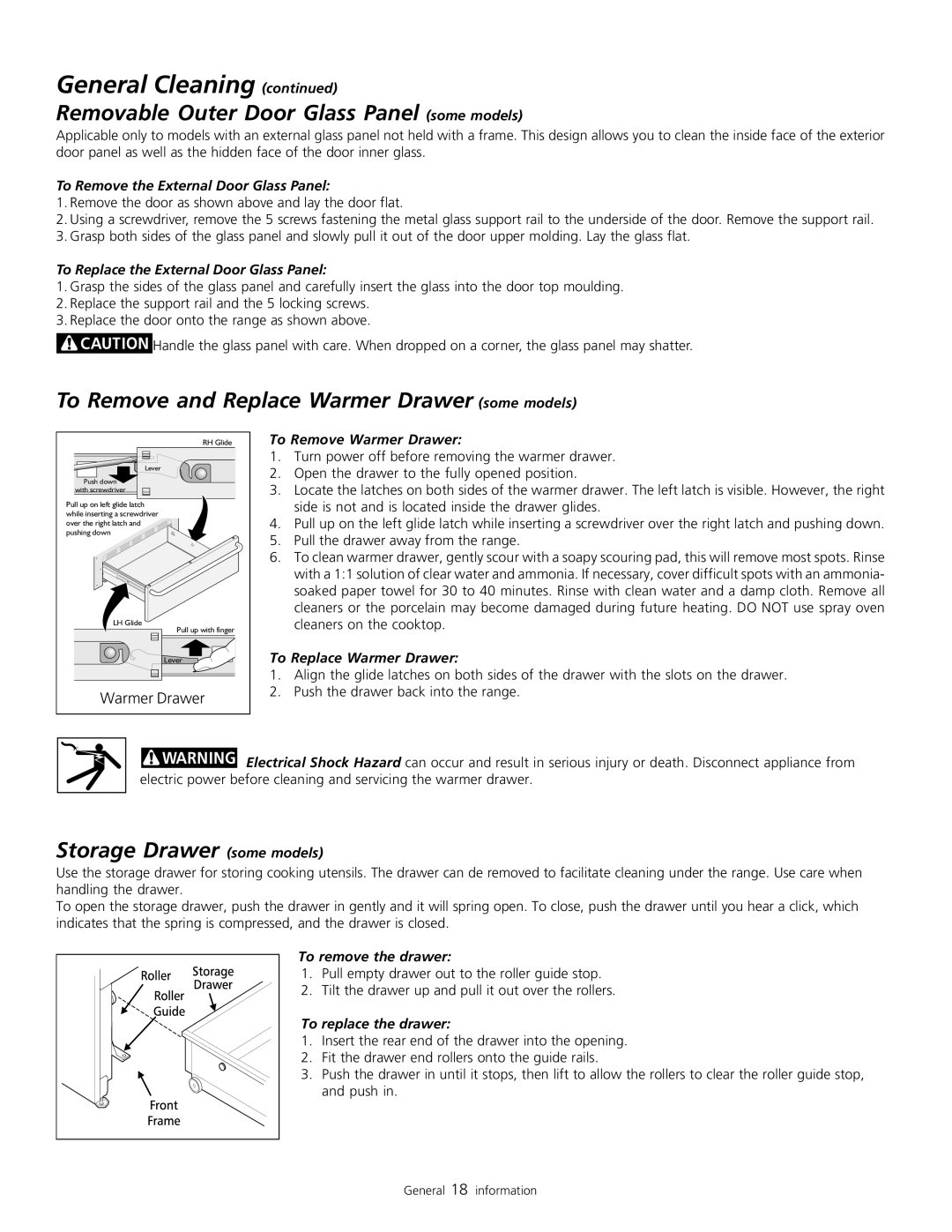 Frigidaire 318200805 warranty Removable Outer Door Glass Panel some models, To Remove and Replace Warmer Drawer some models 