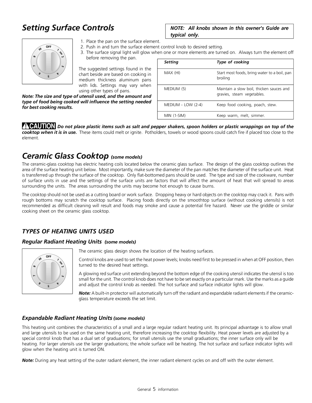 Frigidaire 318200805 warranty Setting Surface Controls, Ceramic Glass Cooktop some models, Types of Heating Units Used 