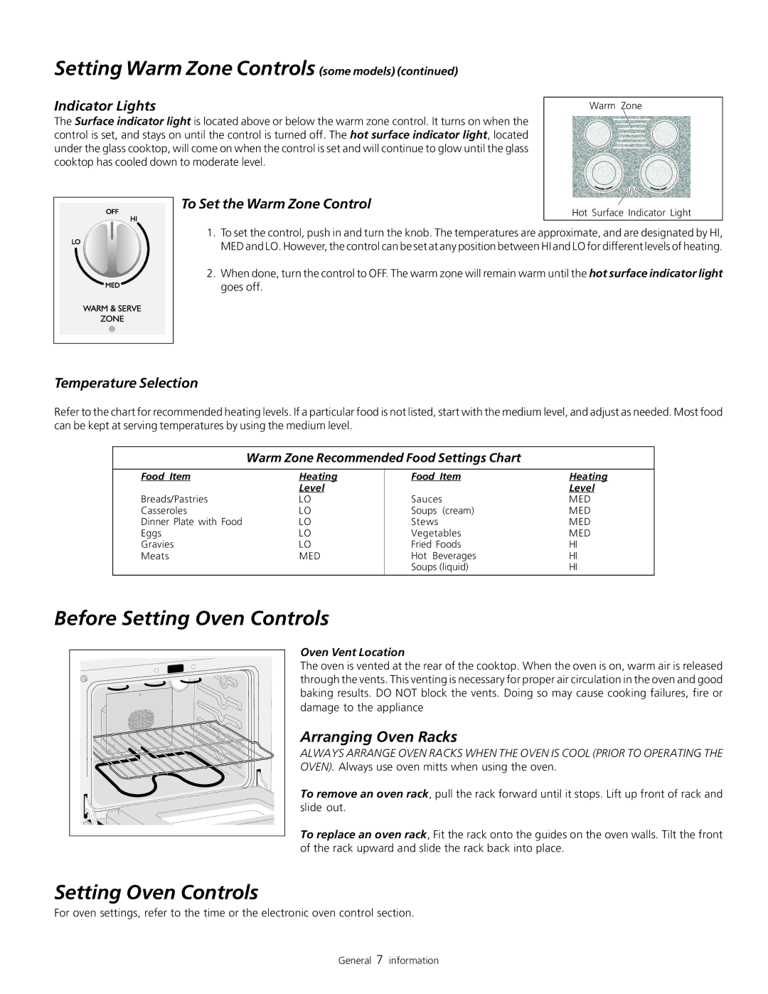 Frigidaire 318200805 warranty Setting Warm Zone Controls some models, Before Setting Oven Controls, Arranging Oven Racks 