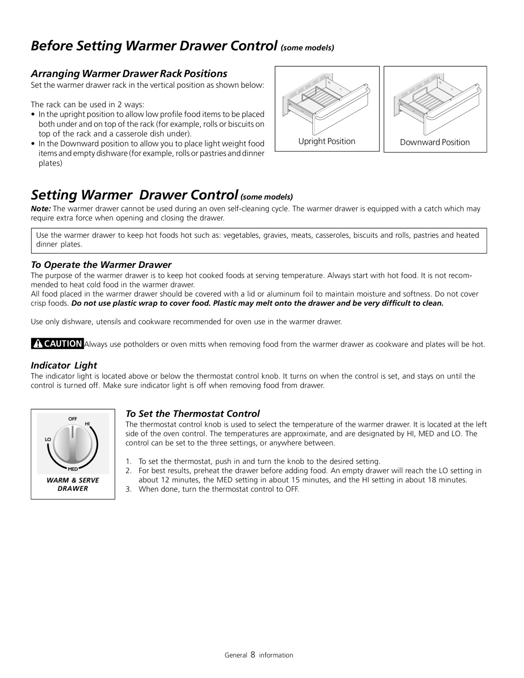 Frigidaire 318200805 warranty Before Setting Warmer Drawer Control some models, Arranging Warmer Drawer Rack Positions 