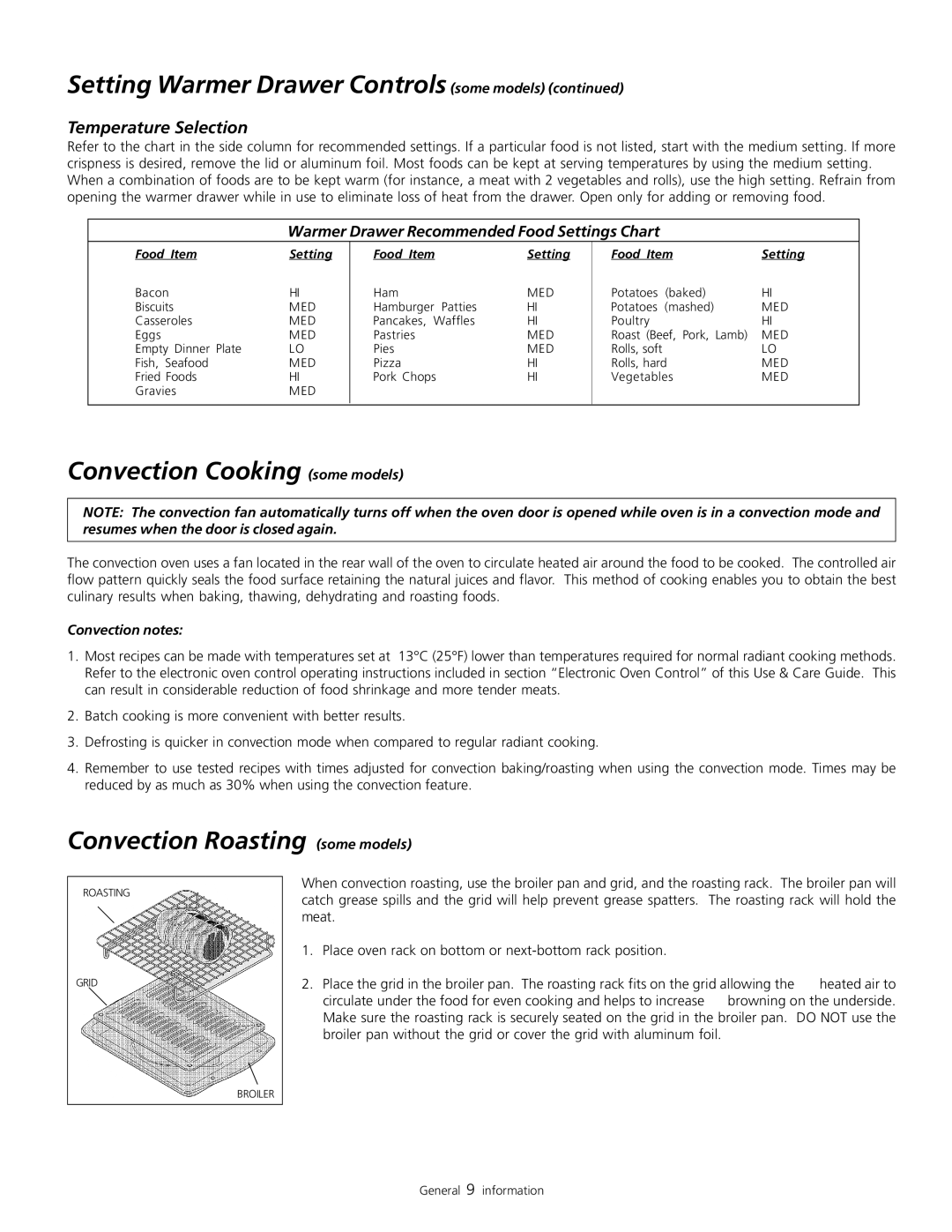 Frigidaire 318200805 warranty Setting Warmer Drawer Controls some models continued, Convection Cooking some models 