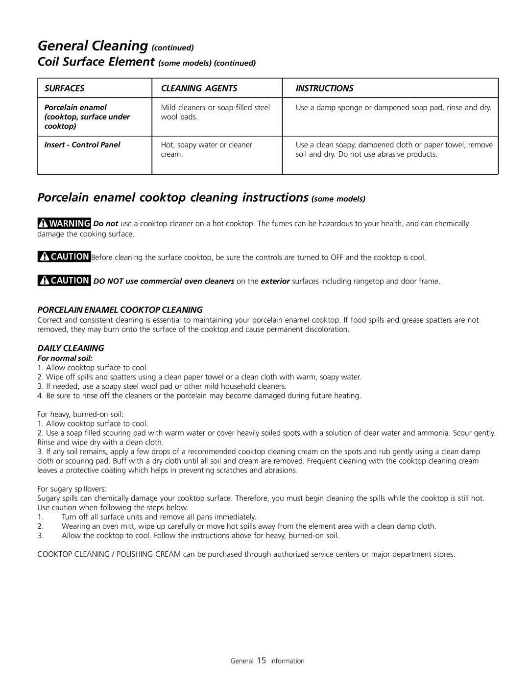 Frigidaire 318200805 Porcelain enamel cooktop cleaning instructions some models, Surfaces, Cleaning Agents, Instructions 