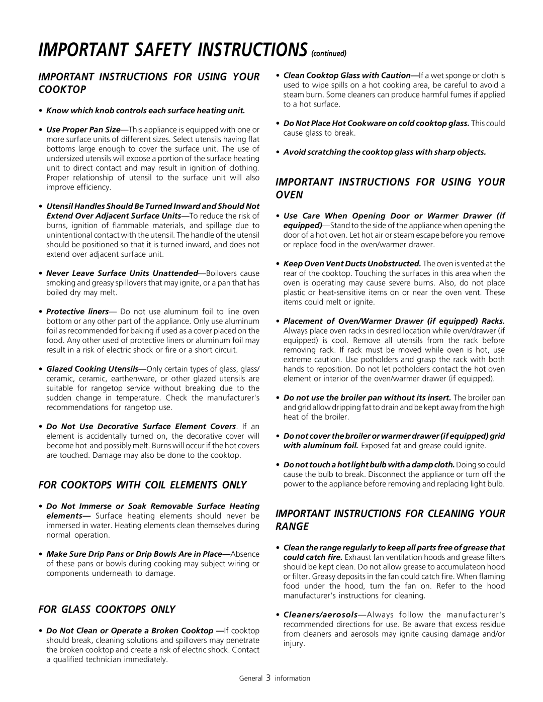 Frigidaire 318200805 warranty IMPORTANT SAFETY INSTRUCTIONS continued, Important Instructions For Using Your Cooktop 