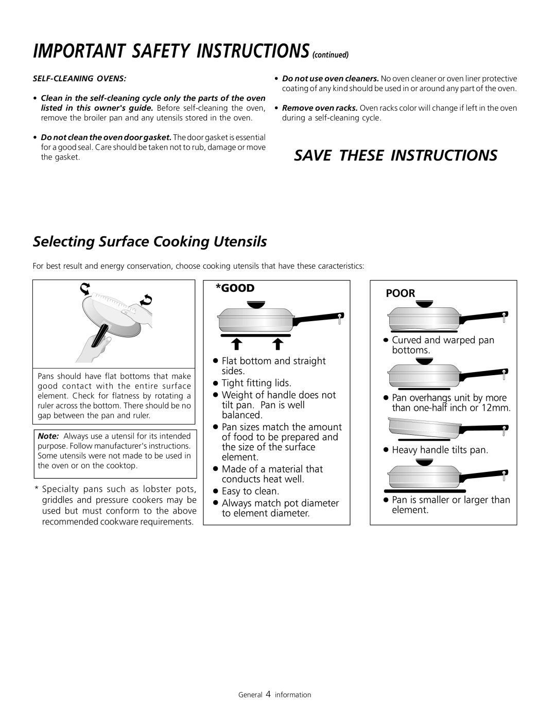 Frigidaire 318200805 IMPORTANT SAFETY INSTRUCTIONS continued, Save These Instructions, Selecting Surface Cooking Utensils 
