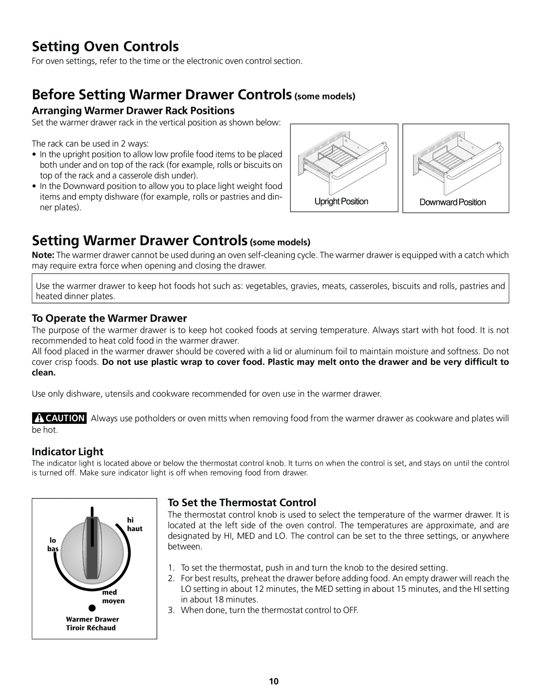 Frigidaire 318200830 important safety instructions Setting Oven Controls, Before Setting Warmer Drawer Controls some models 