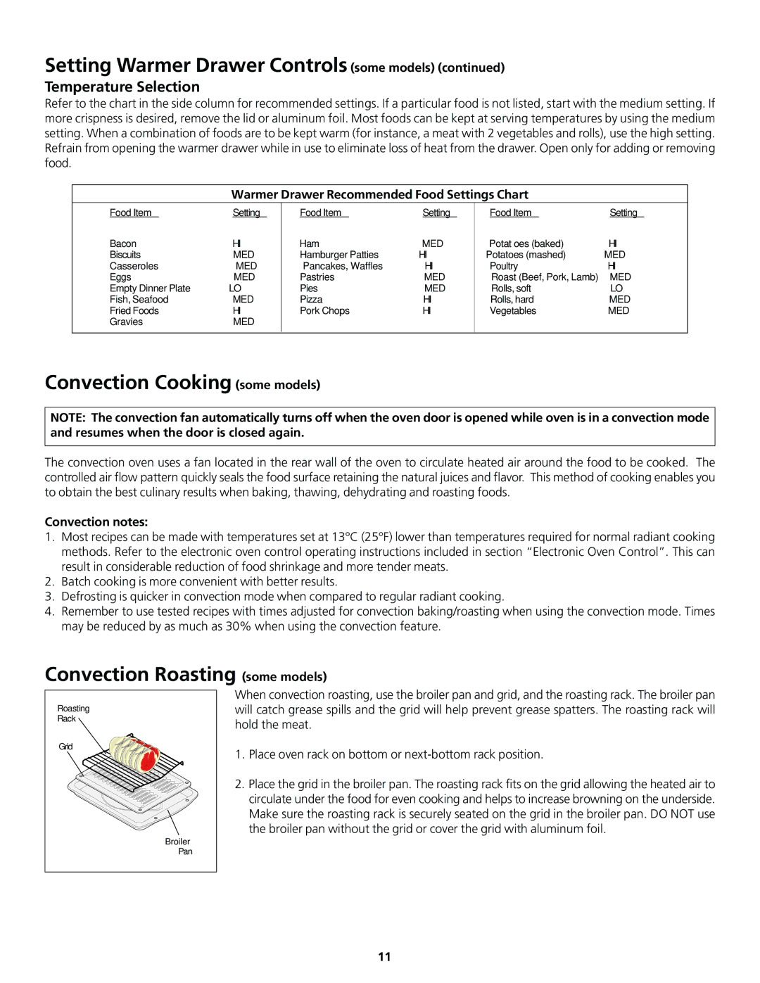 Frigidaire 318200830 Convection Cooking some models, Convection Roasting some models, Temperature Selection 