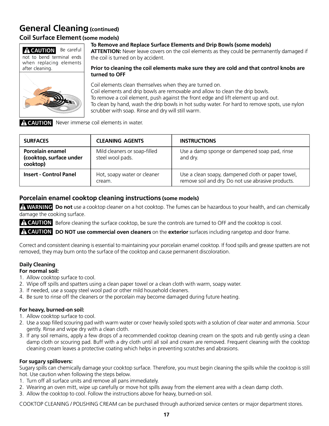 Frigidaire 318200830 Coil Surface Element some models, Porcelain enamel cooktop cleaning instructions some models 