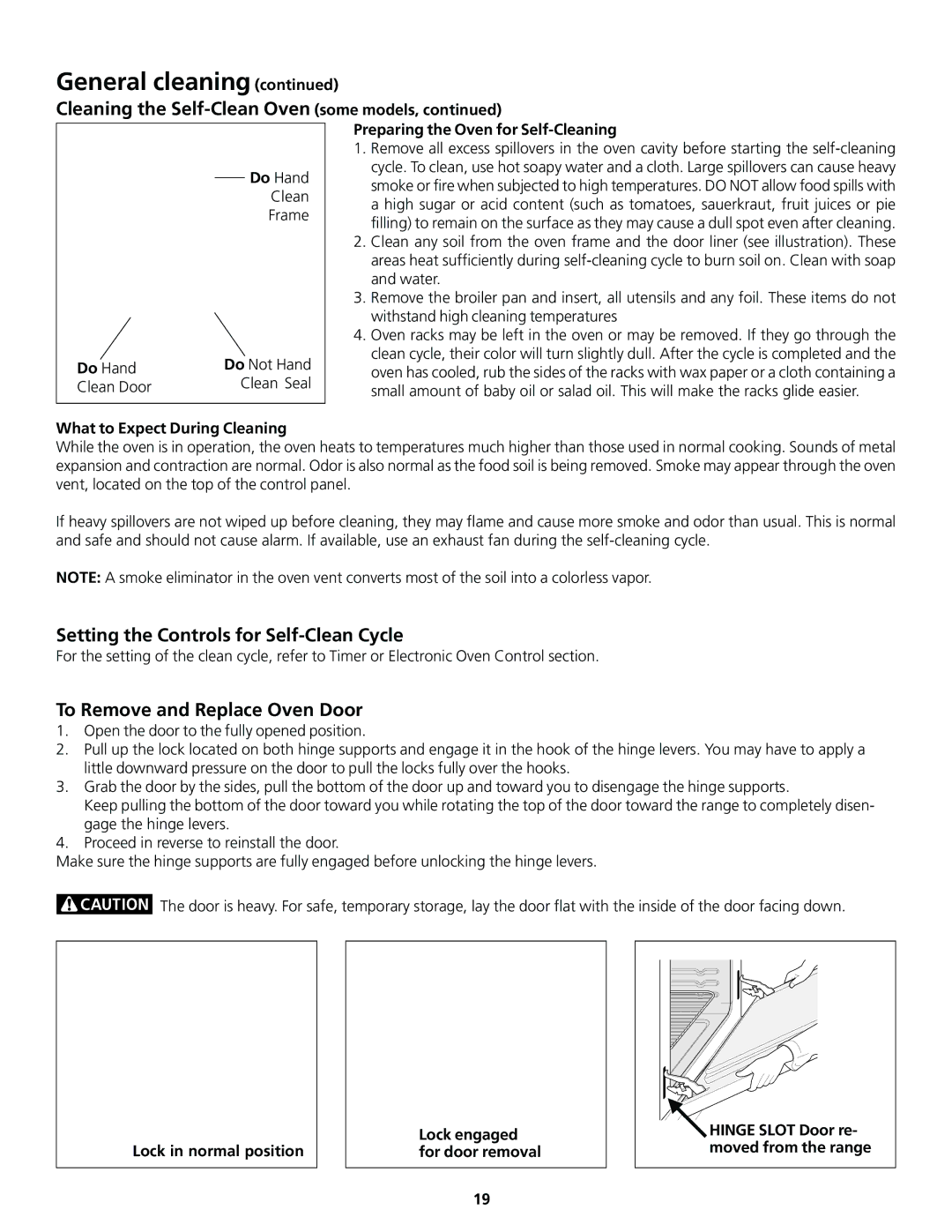 Frigidaire 318200830 Setting the Controls for Self-Clean Cycle, To Remove and Replace Oven Door 