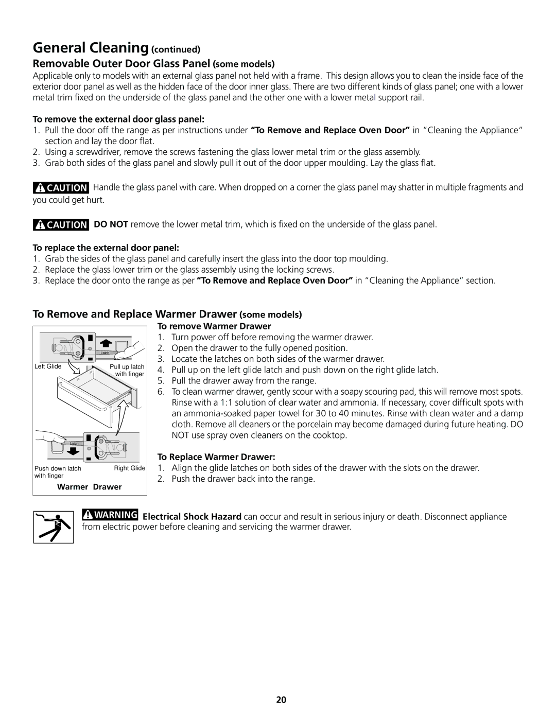 Frigidaire 318200830 Removable Outer Door Glass Panel some models, To Remove and Replace Warmer Drawer some models 