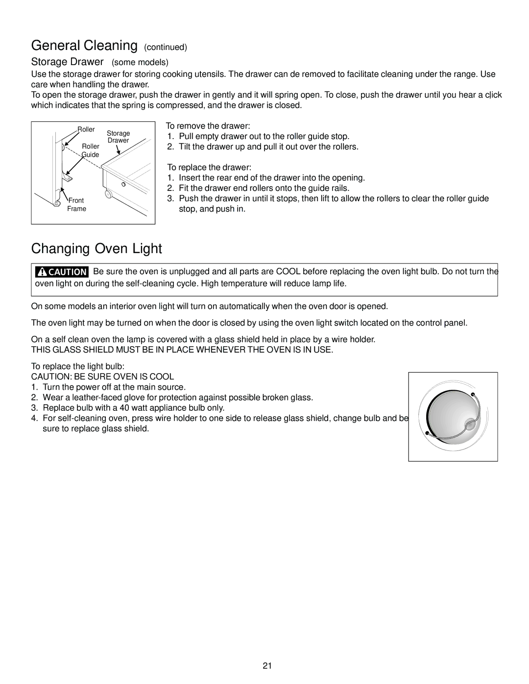 Frigidaire 318200830 Changing Oven Light, Storage Drawer some models, To remove the drawer, To replace the drawer 