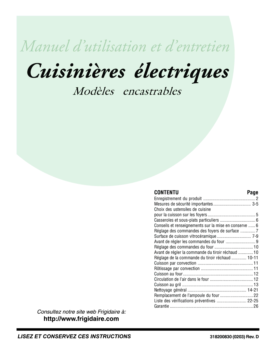 Frigidaire 318200830 important safety instructions Cuisinières électriques 