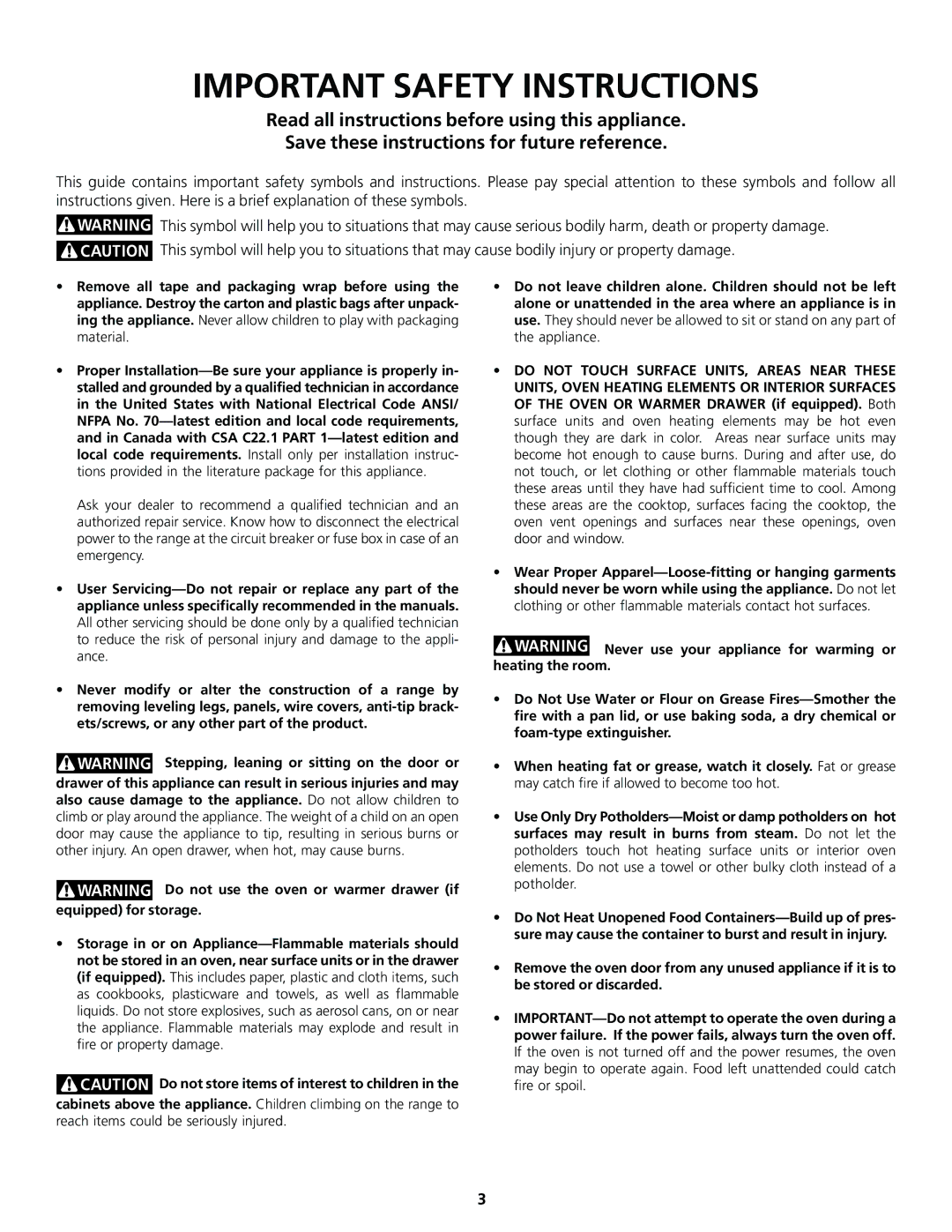 Frigidaire 318200830 important safety instructions Important Safety Instructions 