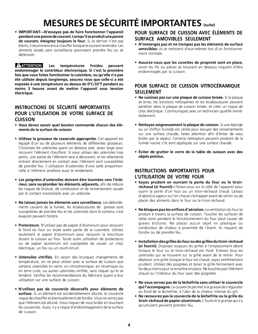 Frigidaire 318200830 important safety instructions Mesures DE Sécurité Importantes suite 