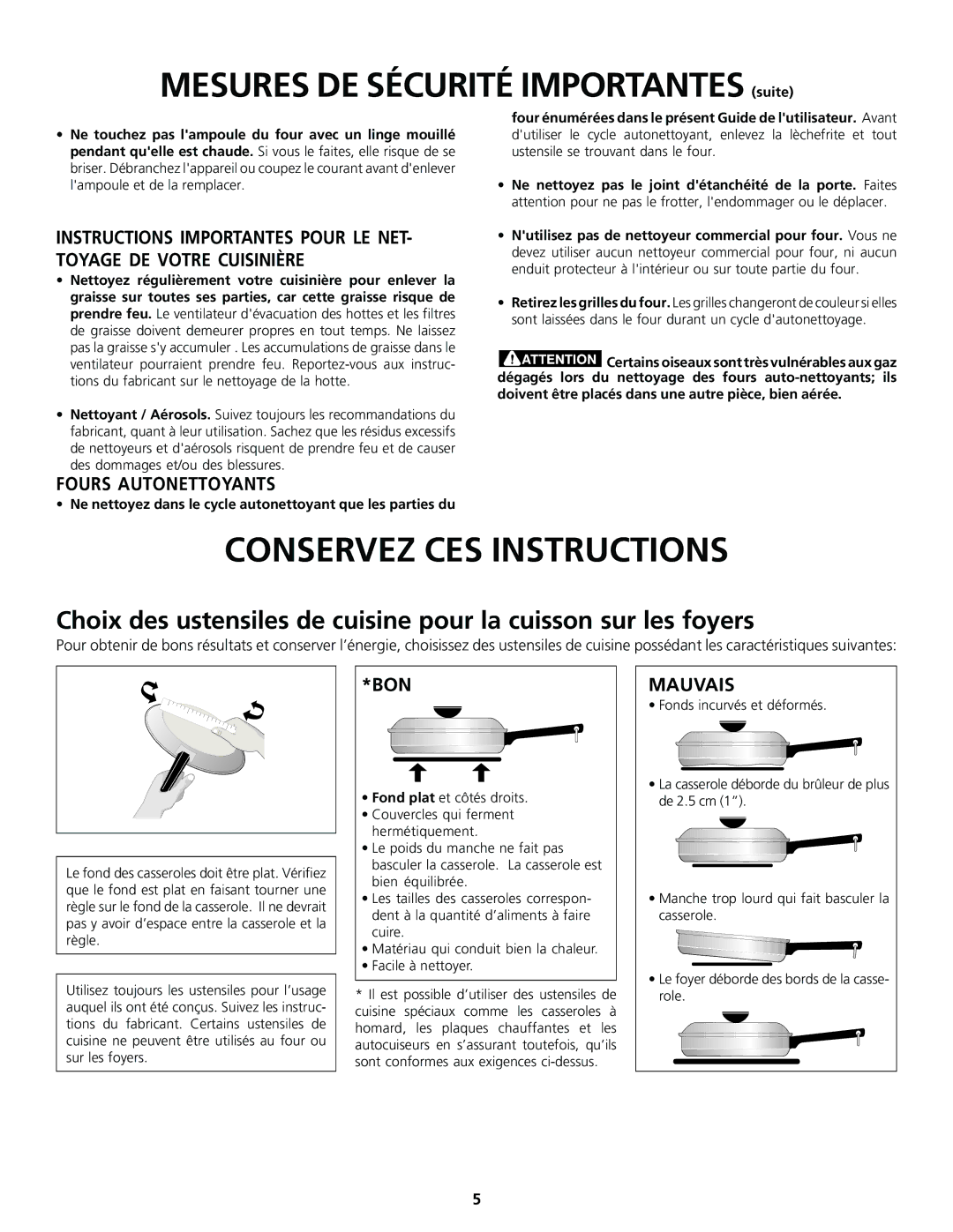 Frigidaire 318200830 Conservez CES Instructions, Ne nettoyez dans le cycle autonettoyant que les parties du 