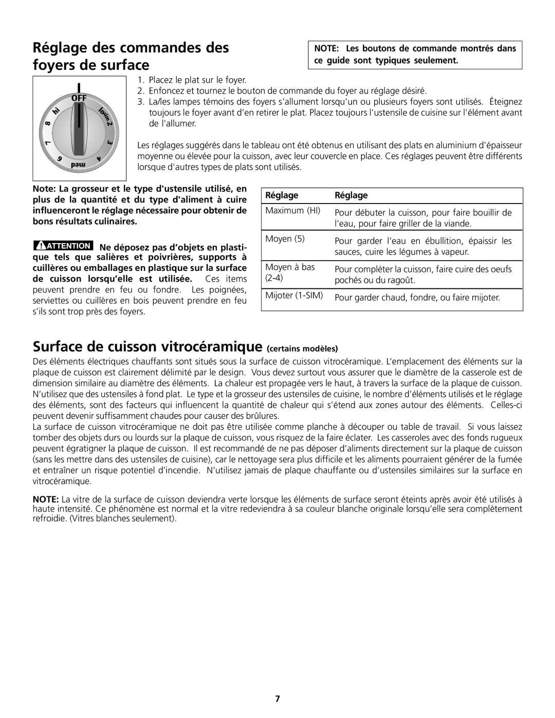 Frigidaire 318200830 Réglage des commandes des foyers de surface, Surface de cuisson vitrocéramique certains modèles 