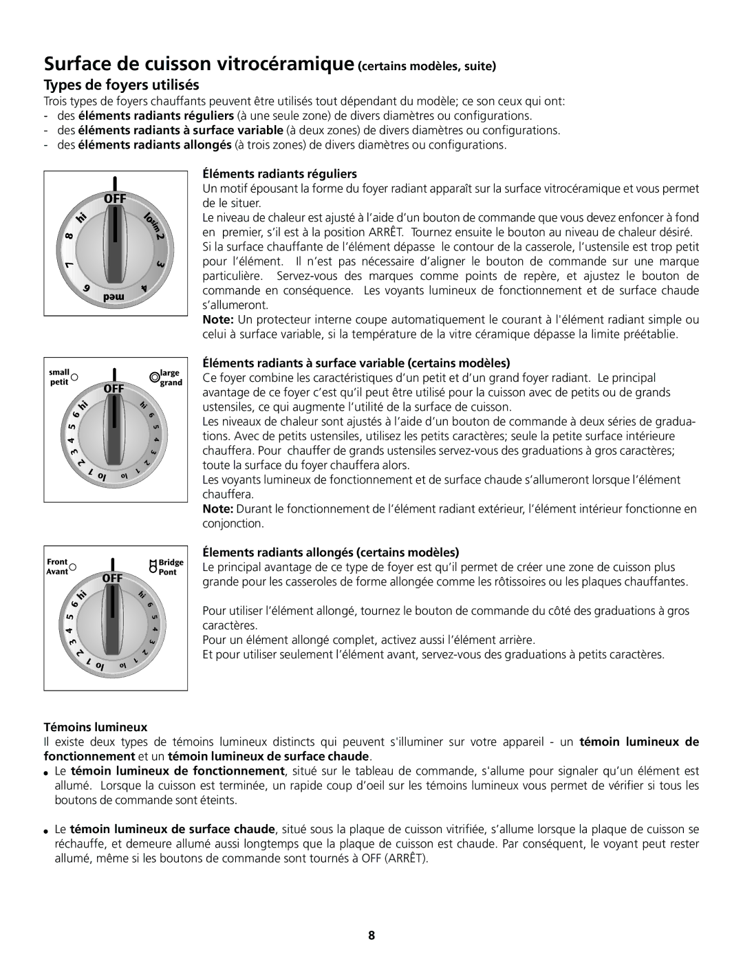Frigidaire 318200830 Surface de cuisson vitrocéramique certains modèles, suite, Types de foyers utilisés 