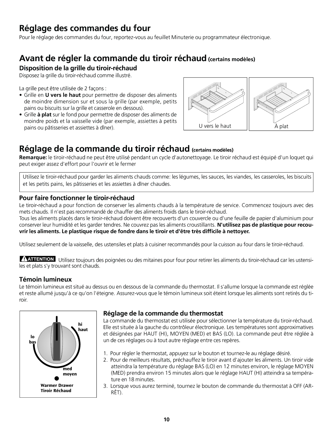 Frigidaire 318200830 Réglage des commandes du four, Réglage de la commande du tiroir réchaud certains modèles 