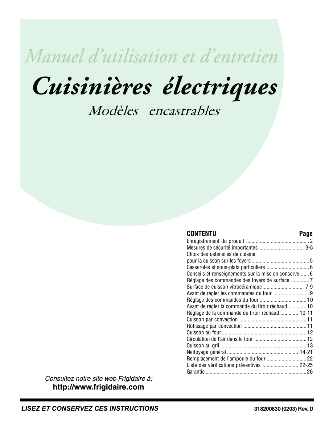 Frigidaire 318200830 Cuisinières électriques, Modèles encastrables, Contentu, Choix des ustensiles de cuisine, Page, 10-11 