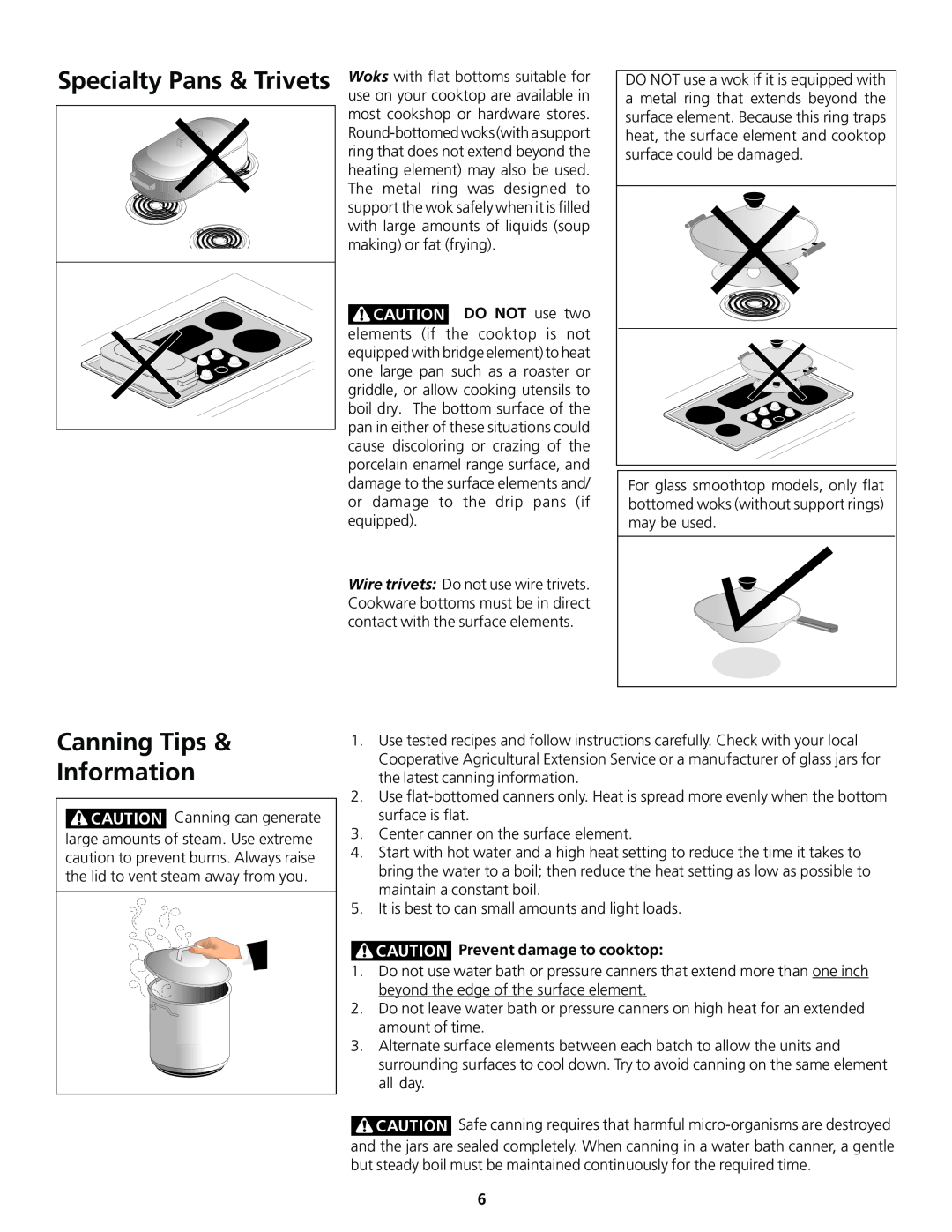 Frigidaire 318200830 important safety instructions Canning Tips Information, Prevent damage to cooktop 