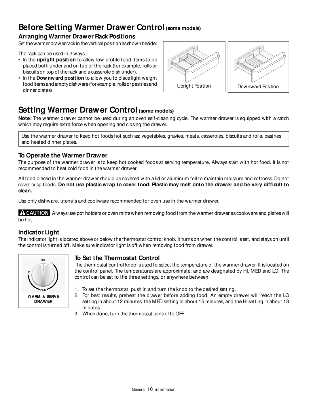 Frigidaire 318200852 warranty Before Setting Warmer Drawer Control some models 