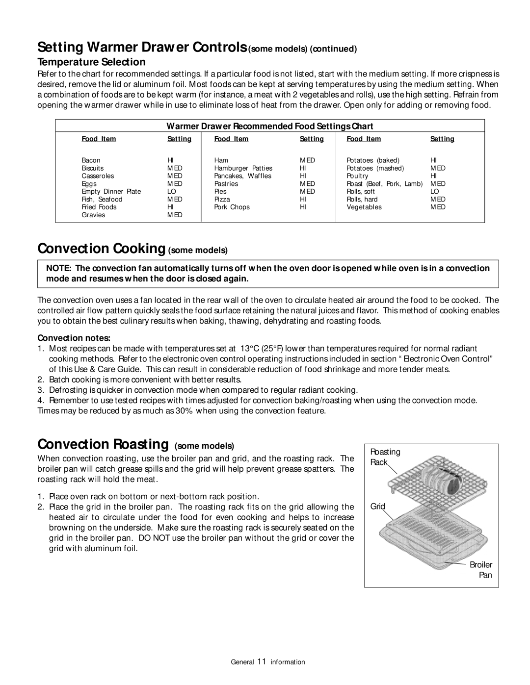 Frigidaire 318200852 Setting Warmer Drawer Controls some models, Convection Cooking some models, Temperature Selection 